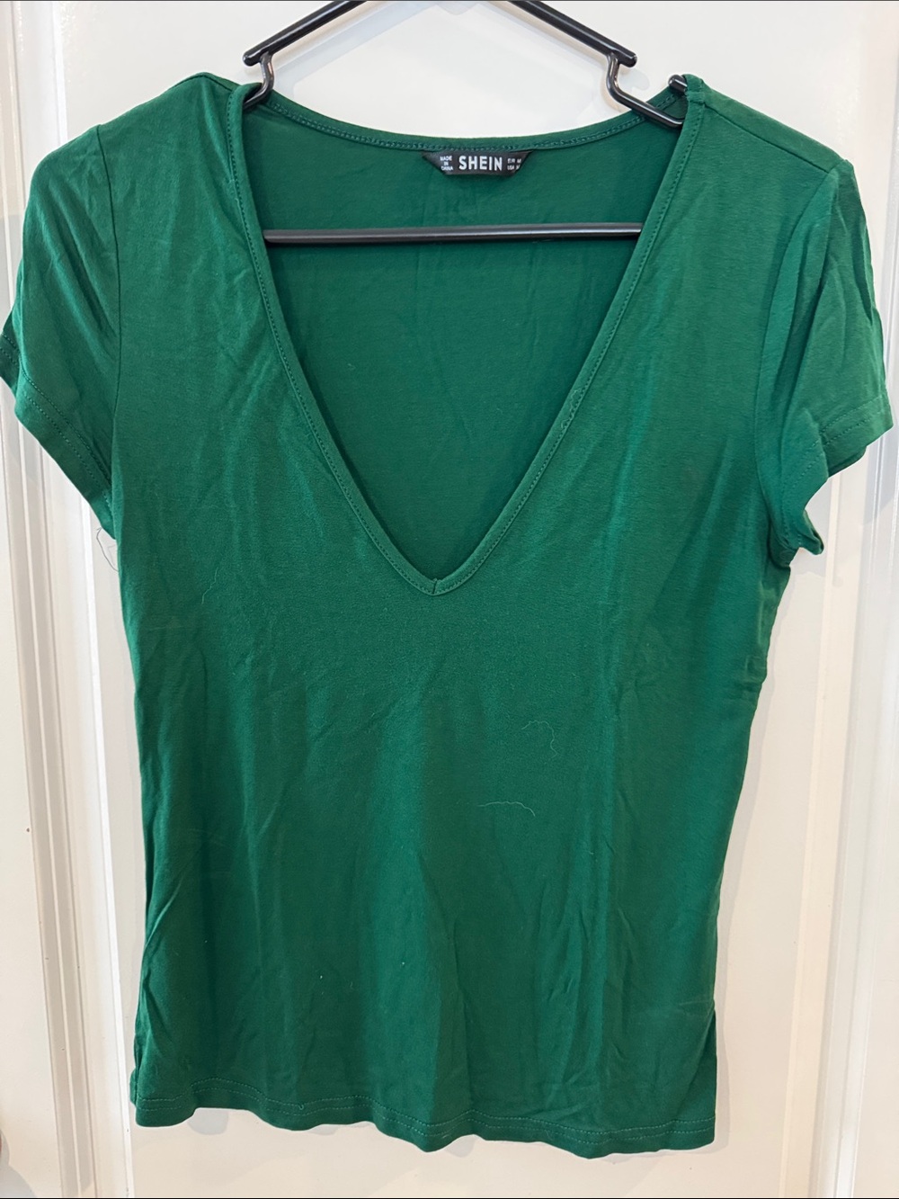 SHEIN Emerald Green Deep V-Neck Short Sleeve Tee